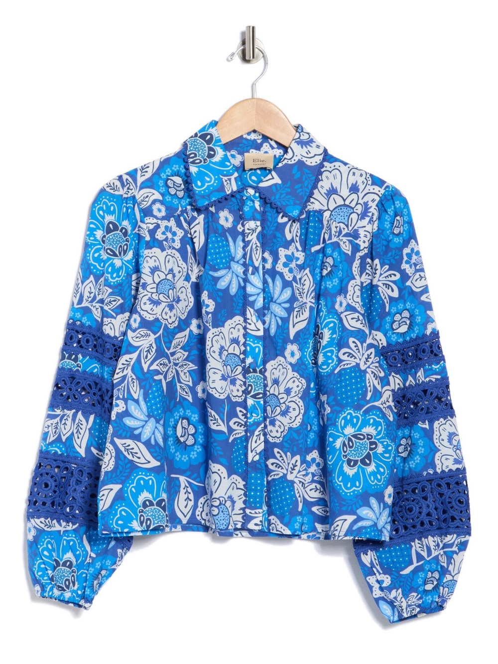 Elie Tahari Crop Button Up Shirt XL Blue Floral Crochet Ballon Sleeve Fall Boho
